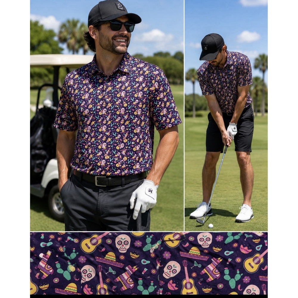 1764 Golf Polo Shirt Mens Medium Day of the Dead Skulls All Over Print XL